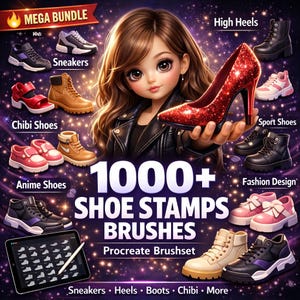 Op de afbeelding: Digitale afbeelding met schoenstempels en penselen voor Procreate. De afbeelding toont verschillende schoenstijlen, waaronder sneakers, hoge hakken en chibi-schoenen. De tekst luidt: "1000+ SHOE STAMPS BRUSHES Procreate Brushset."