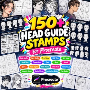 May include: A digital art resource titled 150+ HEAD GUIDE STAMPS for Procreate, featuring numerous sketches of human heads, facial features, expressions, and hair styles, organized into grids with labels like Head Angles and Face Expressions.