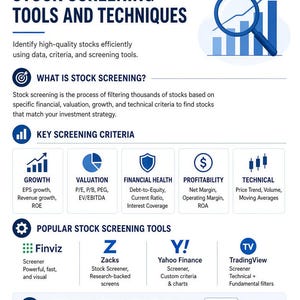 May include: An educational infographic titled Finance Course Module 8 Investing & Financial Analysis. It details stock screening tools and techniques, listing key criteria like growth, valuation, and profitability, plus popular tools like Finviz, Zacks, Yahoo Finance, and TradingView.