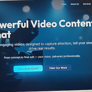 May include: A digital display showing a website for ContentFarm with a blue-toned background featuring a professional video camera. The text reads: Powerful Video Content That, We create engaging videos designed to capture attention, tell your story, and drive real results. From concept to final edit — your vision, delivered professionally. Includes buttons for Get a Free Quote and View Our Work.
