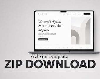 Peut inclure: Un écran d'ordinateur portable affichant un modèle de site web pour Studio Nova, avec le texte We craft digital experiences that inspire, des menus de navigation et un bouton noir marqué View Our Work, et Website Template ZIP DOWNLOAD.