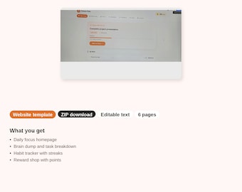 以下が含まれることがあります： Focus Flow生産性ウェブサイトテンプレート。デジタルインターフェースのプレビュー、ZIPダウンロード、編集可能なテキスト、6ページ構成。デイリーフォーカスホームページ、ブレインダンプ、タスク内訳、習慣トラッカー、ポイント付き報酬ショップが含まれています。