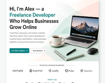 Pode incluir: Um modelo de site para portfólio de desenvolvedor freelancer com o texto Hi, I'm Alex — a Freelance Developer Who Helps Businesses Grow Online, um laptop, uma xícara de café, um caderno com caneta e ícones de serviços.