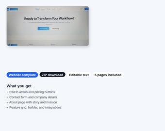 May include: CloudFlow workflow automation website template featuring a digital preview of a landing page with the text Ready to Transform Your Workflow, call to action buttons, and navigation menus. Includes five editable pages in a ZIP download.