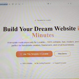 May include: A computer screen displays a website template with the text "Build Your Dream Website in Minutes." The template is designed for handmade creators, freelancers, and small businesses. It includes a call to action button that says "Use This Template in Lovable."