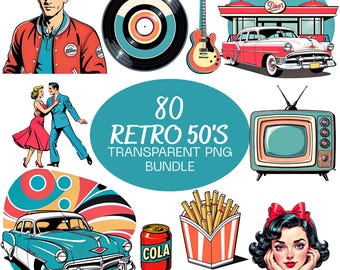 80 Retro 50s Clipart Bundle, Vintage Diner PNG, Rockabilly Graphics, 1950s Cars & Rock n Roll Transparent PNG for Cricut, Sublimation