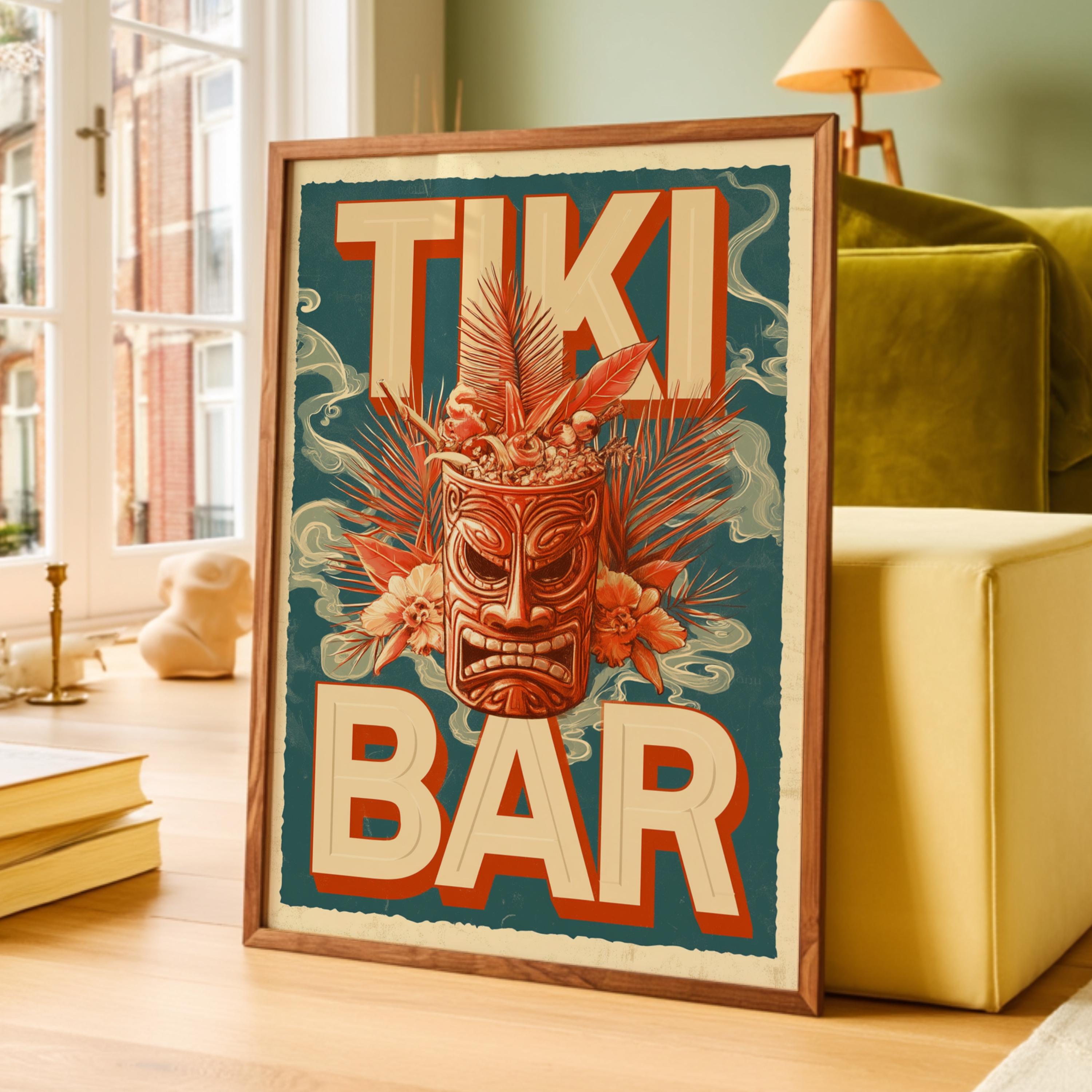 Tiki Bar Vintage Print, Retro Tropical Cocktail Wall Art Poster