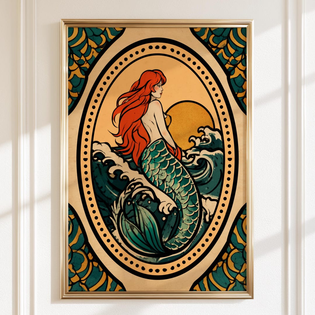Retro Mermaid Tattoo Poster, Vintage Nautical Wall Art, Art Nouveau ...
