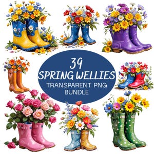 Puede incluir: Una colección de botas de agua coloridas llenas de flores. Las botas son de varios colores, incluyendo amarillo, azul, naranja, rosa y verde. La imagen también incluye el texto "39 SPRING WELLIES TRANSPARENT PNG BUNDLE."