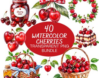 40 Watercolor Cherries PNG Bundle, Cherry Clipart, Cherry Wreaths, Cherry Desserts & Hearts, Summer Fruit Transparent PNG Cricut Sublimation