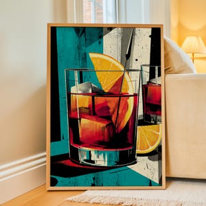 Arte mural de cócteles vintage, lámina retro de Negroni, decoración para carrito de bar de mediados de siglo, póster de bebida con rodaja de naranja