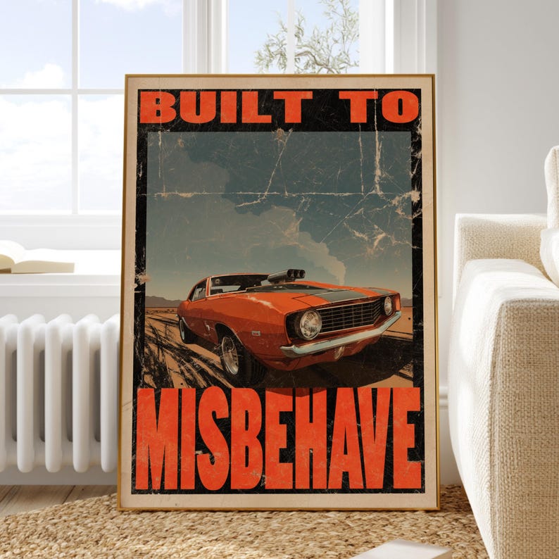Vintage Muscle Car Wall Art Poster, Retro Camaro Print, Garage Man Cave ...