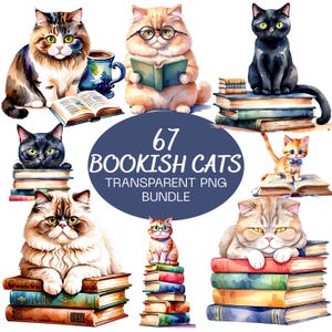 May include: Watercolor illustrations of various cats, each depicted with books. Some cats wear glasses and are reading. The image includes the text "67 Bookish Cats Transparent PNG Bundle."