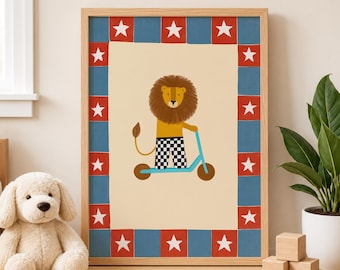 Póster Scooter Lion, arte mural escandinavo para habitación infantil, estampado animal retro, decoración para sala de juegos.