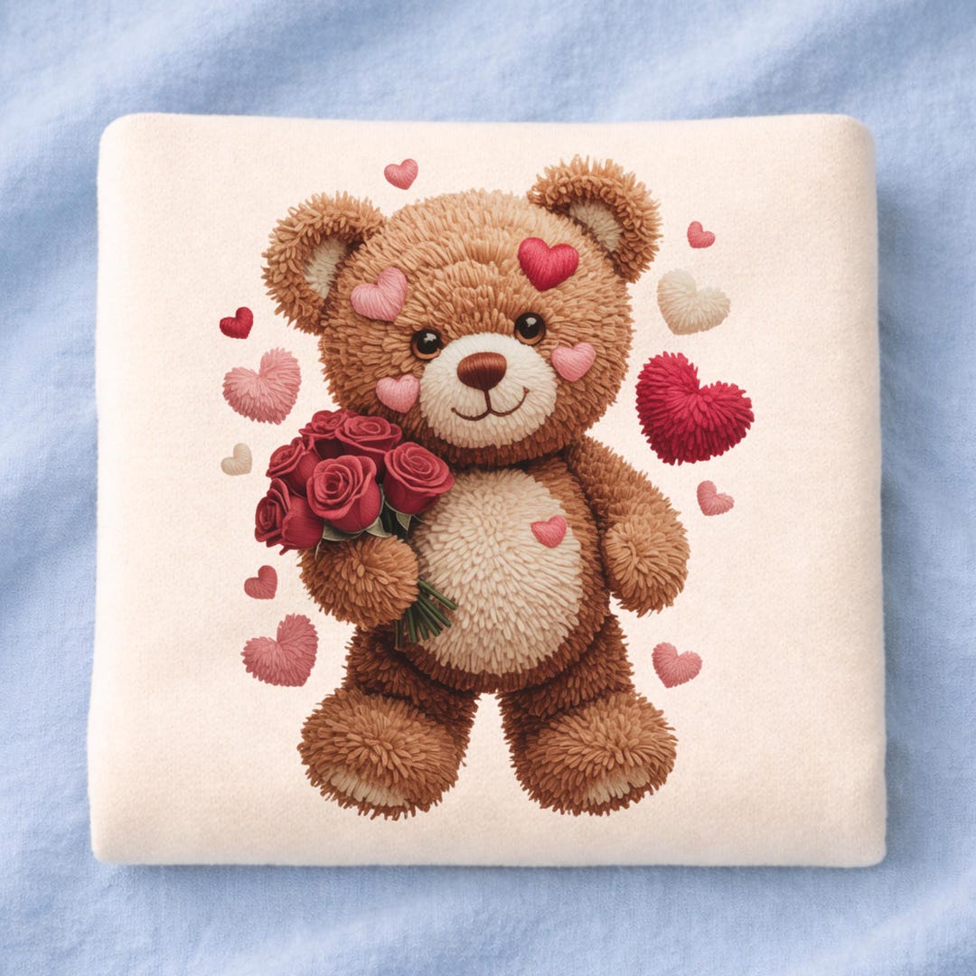 Valentine Teddy Bear PNG, Cute Plush Bear Holding Roses With Crochet ...