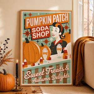 Kürbis Patch Soda Vintage Plakat, Retro Herbst Küche Wandkunst, Herbst Diner Print, Mid Century Halloween Dekor, digitaler Download