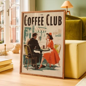 Coffee Club Wall Art Print, retro café poster, vintage coffeeshop kunst, halverwege de eeuw, decor Parijs café, digitale download