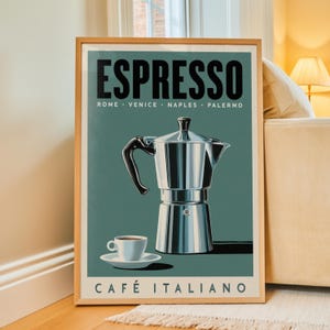 Espresso Poster, Vintage Italian Coffee Print, Green Kitchen Wall Art, Moka Pot Cafe Decor, Digital Download
