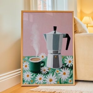 Floral Espresso Poster, Vintage Coffee Wall Art, Daisy Kitchen Decor, Retro Moka Pot Print