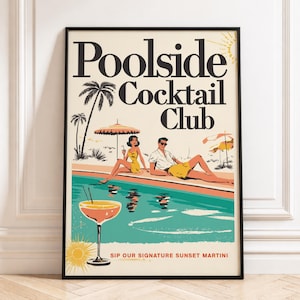 Poolside Cocktail Club Wall Art, Retro Pool Poster, Vintage Summer Print, Mid Century Modern Decor, Palm Springs Style Art, Digital Download
