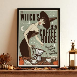 Vintage Halloween Coffee Wall Art Poster, Witch Kitchen Decor, Spooky Cafe Print, Autumn Fall Coffee Lover Gift