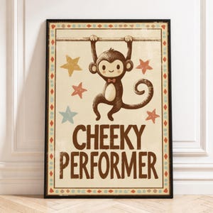 Cheeky Monkey Wall Art Print, Funny Circus Monkey Poster, Vintage Animal Nursery Decor, Whimsical Monkey, Retro Kids Art, Digital Download