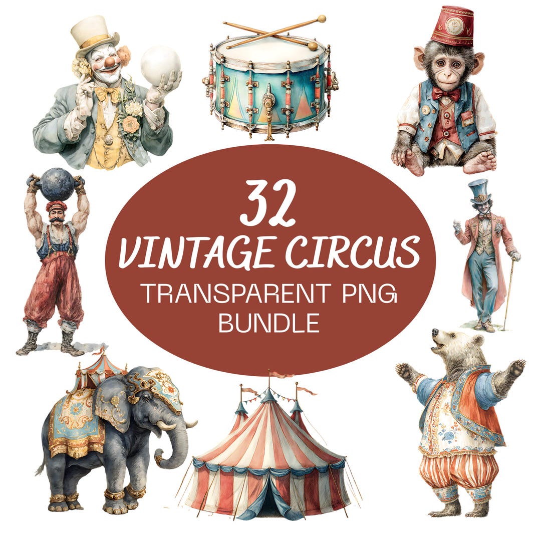 Vintage Circus PNG Clipart Bundle | 32 Retro Carnival Animals, Clowns ...