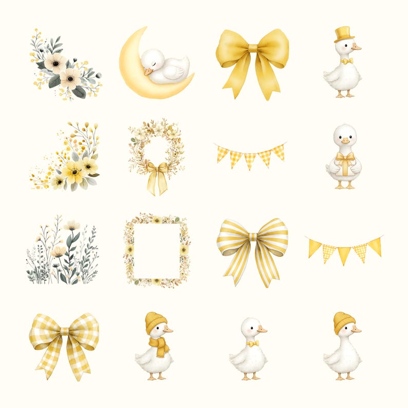 May include: Watercolor illustrations of yellow bows, floral arrangements, a sleeping duckling on a crescent moon, and ducks wearing hats and scarves. Also included are a wreath, a square frame, and pennant banners. The images have a soft, pastel color palette.