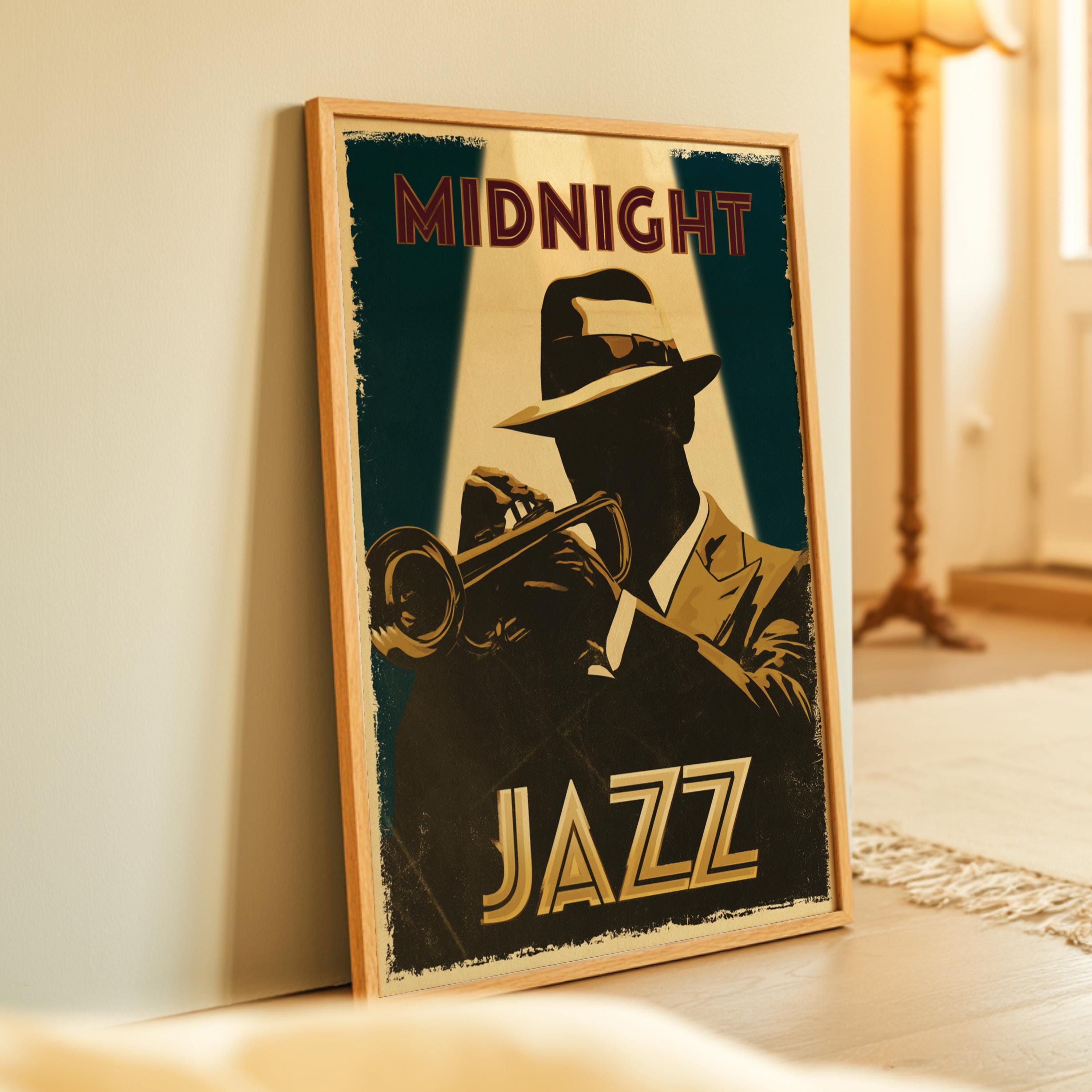 Midnight Jazz Poster, Vintage Speakeasy Wall Art, Art Deco Music
