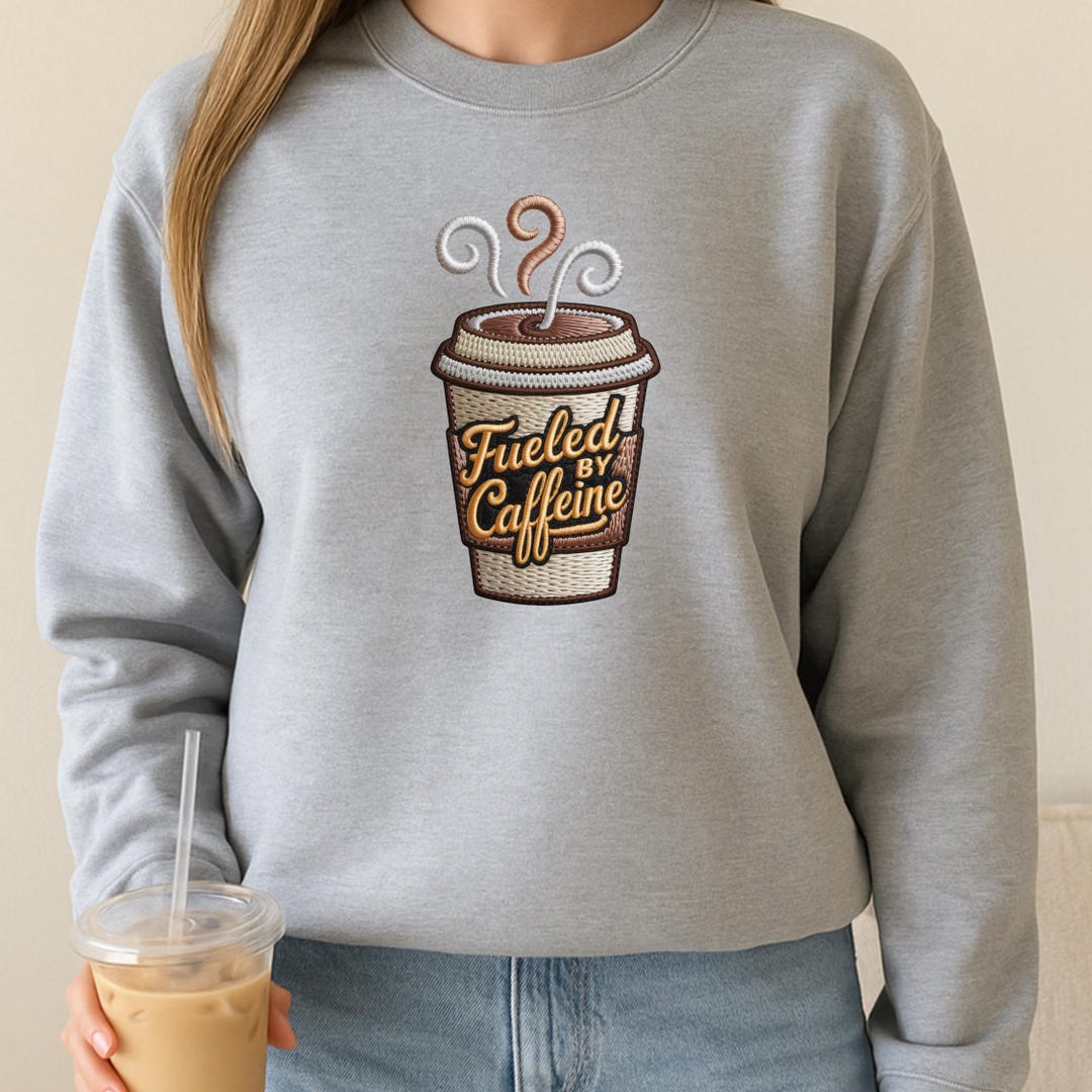 Fueled by Caffeine PNG, Coffee Cup Embroidery Style Sublimation Design ...