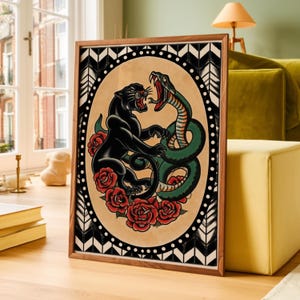 Panther Schlange Tattoo Poster, Vintage Flash Wandkunst, Retro Traditionelles Tattoo Print