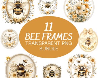 Floral Bee Frame PNG Bundle | 11 Vintage Honey Bee Clipart with Flowers | Transparent Yellow Bee Art | Sublimation Digital Download