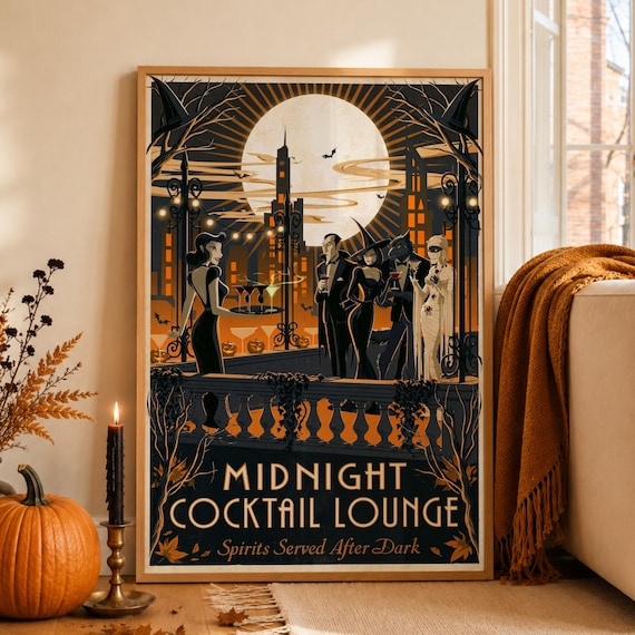 Midnight Cocktail Lounge Poster, Vintage Halloween Cocktail Bar Art Print, Art Deco Gothic Speakeasy Decor,