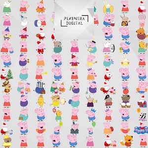 May include: A grid of cartoon illustrations featuring Peppa Pig characters in diverse outfits and activities. The characters are shown playing instruments, wearing festive hats, and in various costumes. The image includes the text "Pixentra Digital" and "Peppa Pig".