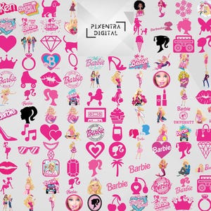 以下が含まれることがあります： ピンク色のバービーをテーマにしたグラフィックとアイコンのコレクション。画像には、バービー、ケン、靴、ハート、王冠などのさまざまなアクセサリーのシルエットが含まれています。「バービー」という言葉がデザイン全体に繰り返されています。