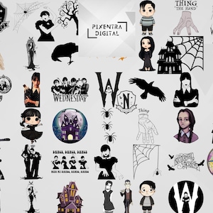 Może przedstawiać: Kolekcja cyfrowych ilustracji przedstawiających postacie i elementy z Rodziny Addams i Wednesday Addams. Zawiera obrazy Wednesday, Ręki, pająków, kruka i logo Akademii Nevermore. Obrazy są w czerni i bieli oraz w kolorze.