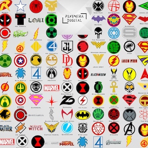 May include: A digital collection of various superhero and comic book character logos, emblems, and text-based insignias arranged in a grid pattern on a light gray background, featuring the Pixentra Digital logo in the center.