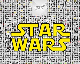 以下が含まれることがあります： スター・ウォーズのキャラクターやシンボルの小さな白黒アイコンがグリッド状に多数配置されたデジタルコラージュで、中央に大きな黄色の「STAR WARS」の文字、上部中央に「PIXENTRA DIGITAL」のロゴが配置されています。