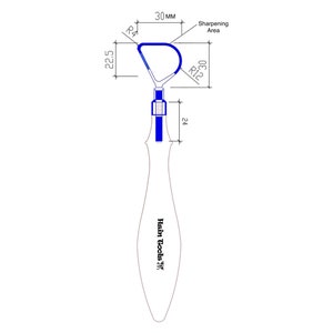 May include: A blue and white sharpening tool with a handle that says "Hair Tools" and a sharpening area that is 30 mm wide.