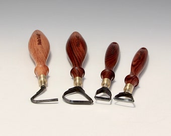 A set of 4 Tungsten Carbide Loop Tools (Pear, Square, 7, D-Shaped) with Various Oval Wooden Handles 2 diamond files by Hsin-Chuen Lin