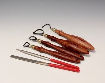 A set of 4 Tungsten Carbide Loop Tools (Pear, Square, 7, D-Shaped) with Various Oval Mopane Wooden Handles 2 diamond files by Hsin-Chuen Lin