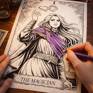 Könnte beinhalten: Eine schwarz-weiße Illustration der Tarotkarte "Der Magier", die mit einem lila Stift ausgemalt wird. Die Karte zeigt eine Frau mit langen Haaren und einem lila Schal. Der Text "Printable Tarot Ritual" steht unten.