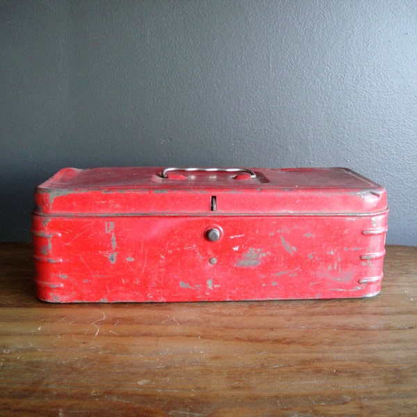 RESERVED Old Red Tool Box, Tackle Box, Industrial Home Decor