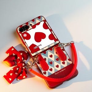 May include: Red and white heart-patterned phone case with a matching bow and strap. The case features a red border, a white card holder with red hearts, and the text "love life/". The strap is red.