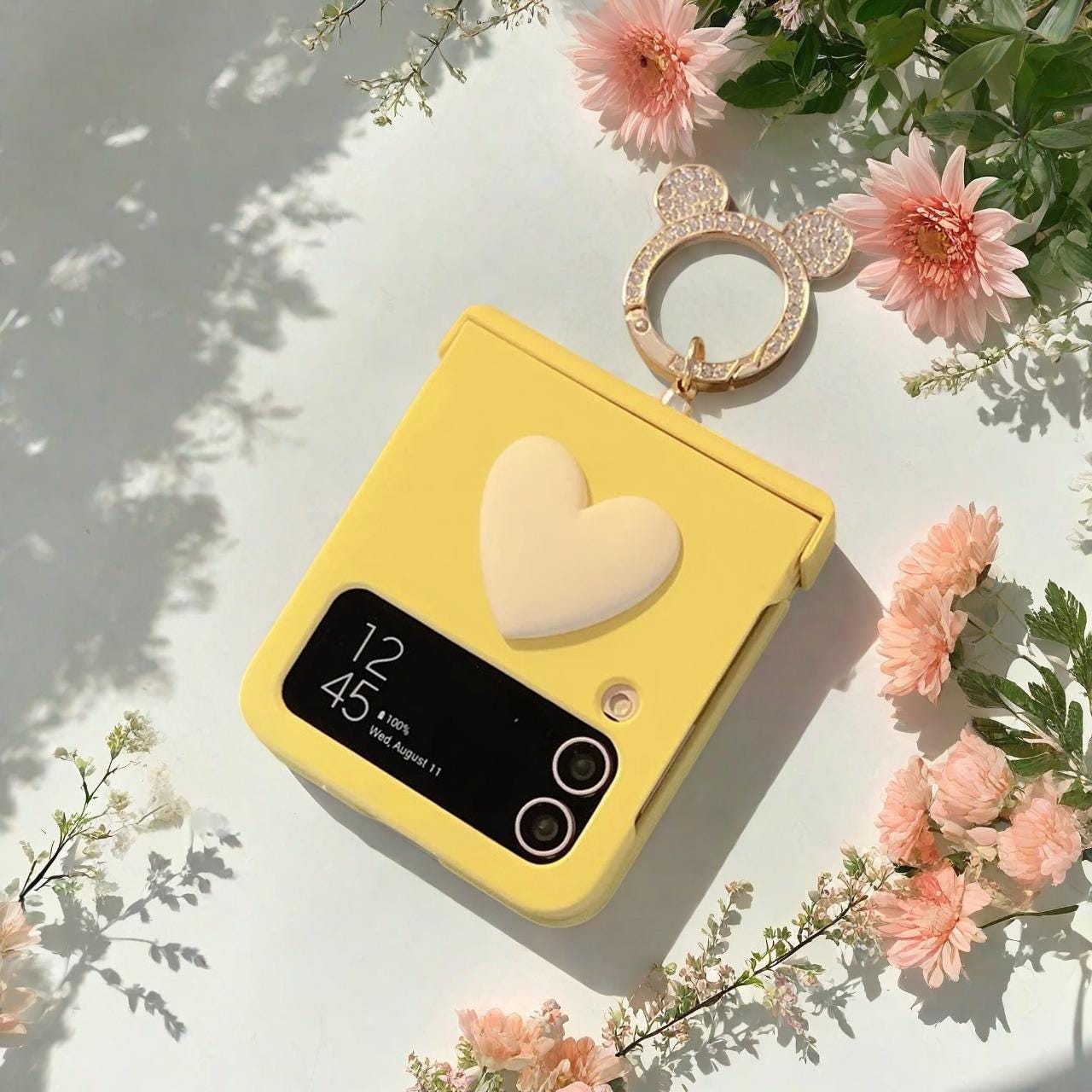 Rhinestone Ring Z Flip Case With 3D Love Heart Hinge Cover for
