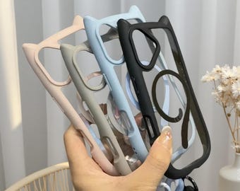 Funda MagSafe con orejas de gato 3D y cordón para iPhone 17/16/15/14/13/12 – Funda protectora transparente con correa para la muñeca
