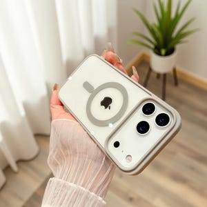 Puede incluir: Funda transparente para iPhone con borde gris y dise&ntilde;o circular MagSafe. La funda tiene una parte trasera transparente con un anillo gris alrededor del logotipo de Apple. El &aacute;rea de la c&aacute;mara tiene tres lentes y un flash.