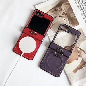 Luxury Lychee Leather MagSafe Case for Samsung Z Flip 7 6 5 4 3 with Ring Holder and Hinge Protection