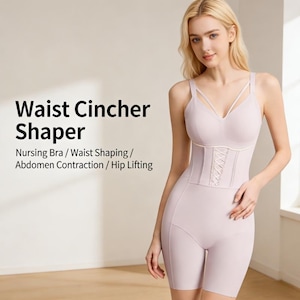 May include: A light purple waist cincher shaper with a corset-style front and spaghetti straps. The text on the image reads "Waist Cincher Shaper" and lists features like "Nursing Bra / Waist Shaping / Abdomen Contraction / Hip Lifting."