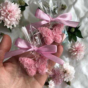 Può includere: Due saponette rosa a forma di farfalla, ciascuna confezionata in un sacchetto di cellophane trasparente e legata con un nastro di raso rosa. I saponi sono circondati da fiori rosa e bianchi, creando un'estetica delicata e femminile.